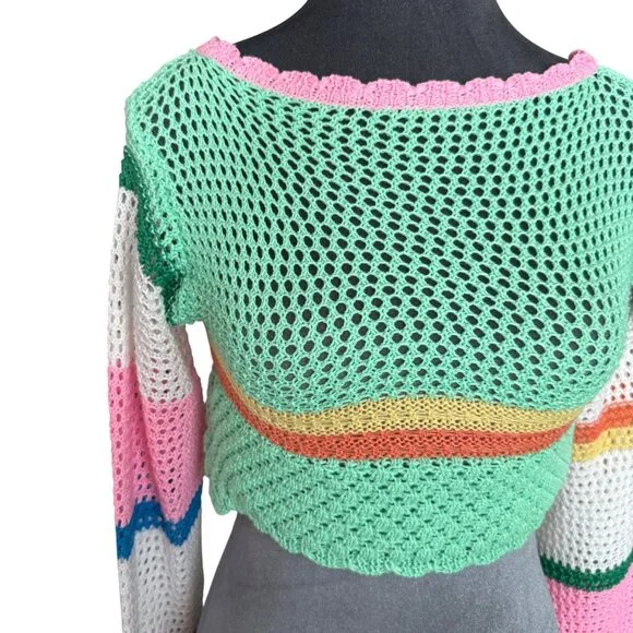 Handmade Open-Knit Colorful Cropped Sweater With Long Bell Sleeves Y2k - Picture 2 of 5